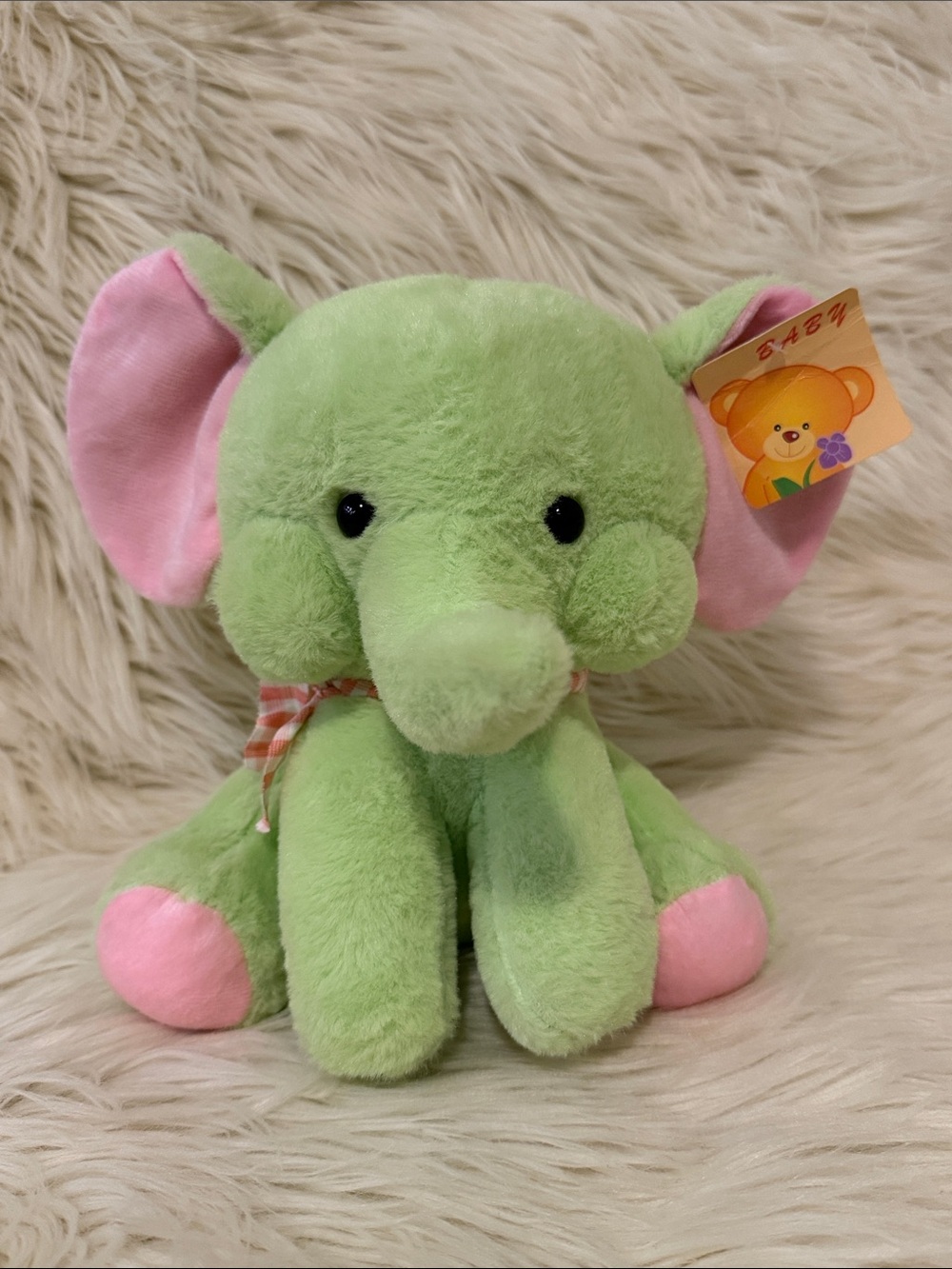Rare Baby Elephant stuffed Animal PLUSHIE Pink & Green with gingham scarf NEW!